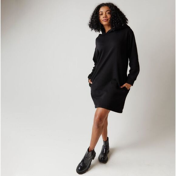 Soho Black Sweatshirt Dress with Pockets & Drawstring Hoodie, Size Large - Picture 1 of 11